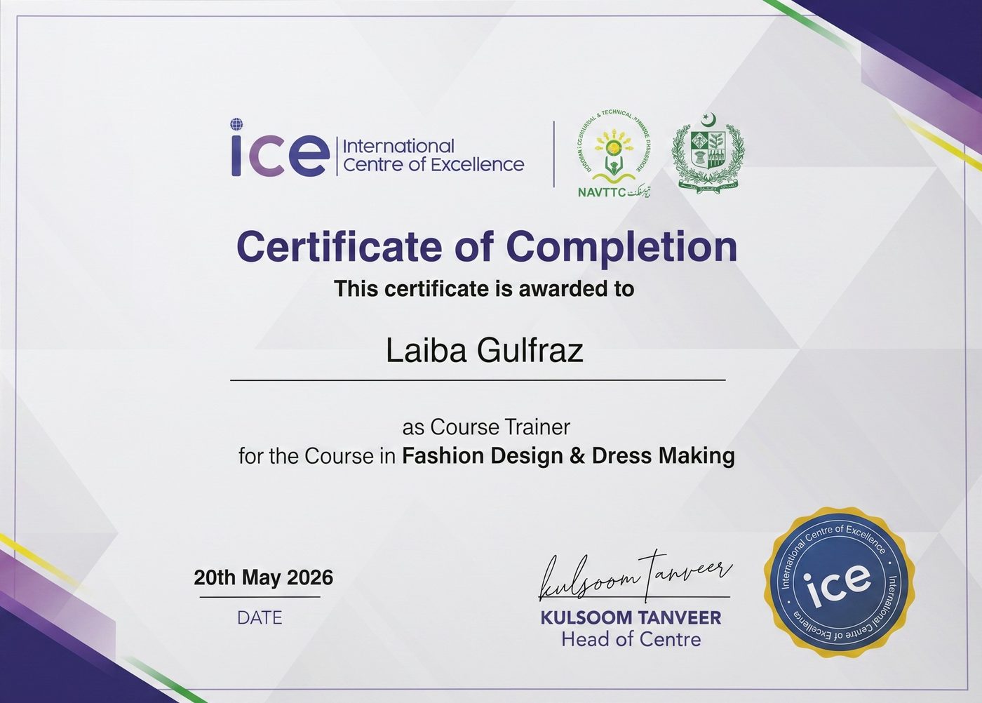 NAVTTC Course Trainer certificate, Fashion Design & Dress Making