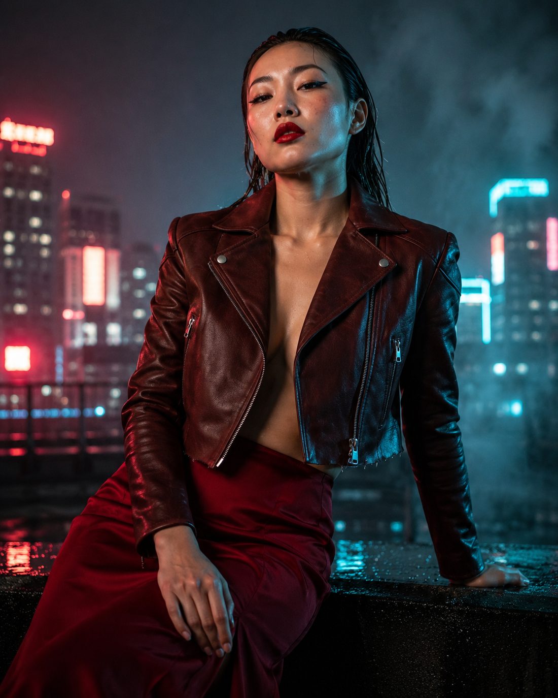 Crimson Noir editorial, leather jacket portrait