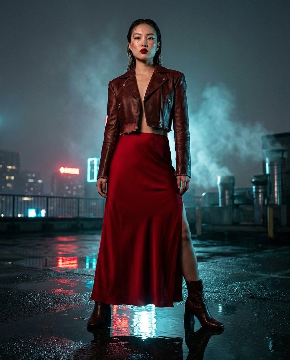 Crimson Noir editorial, rooftop stance