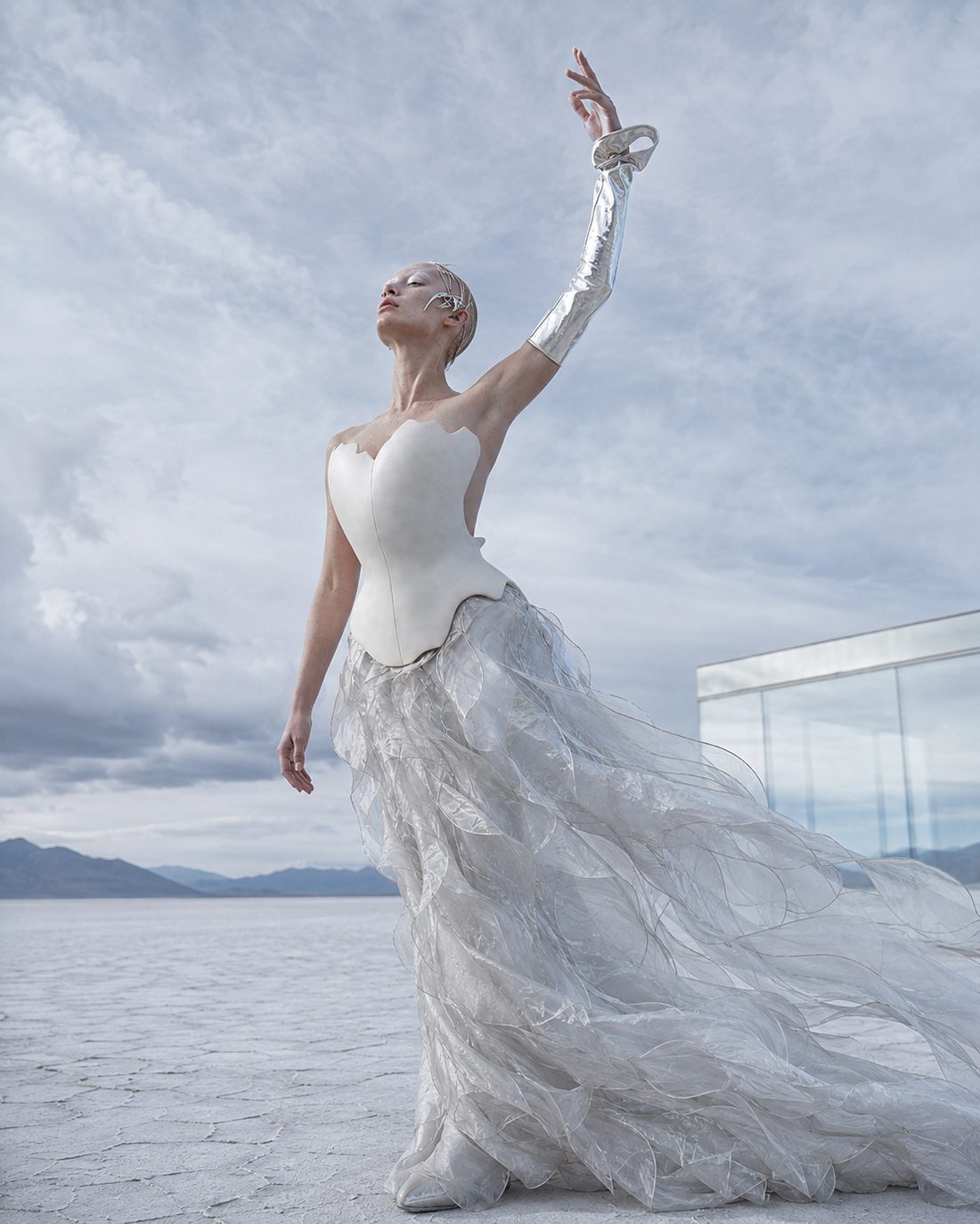 Silver Horizon editorial, sculpted corset in motion