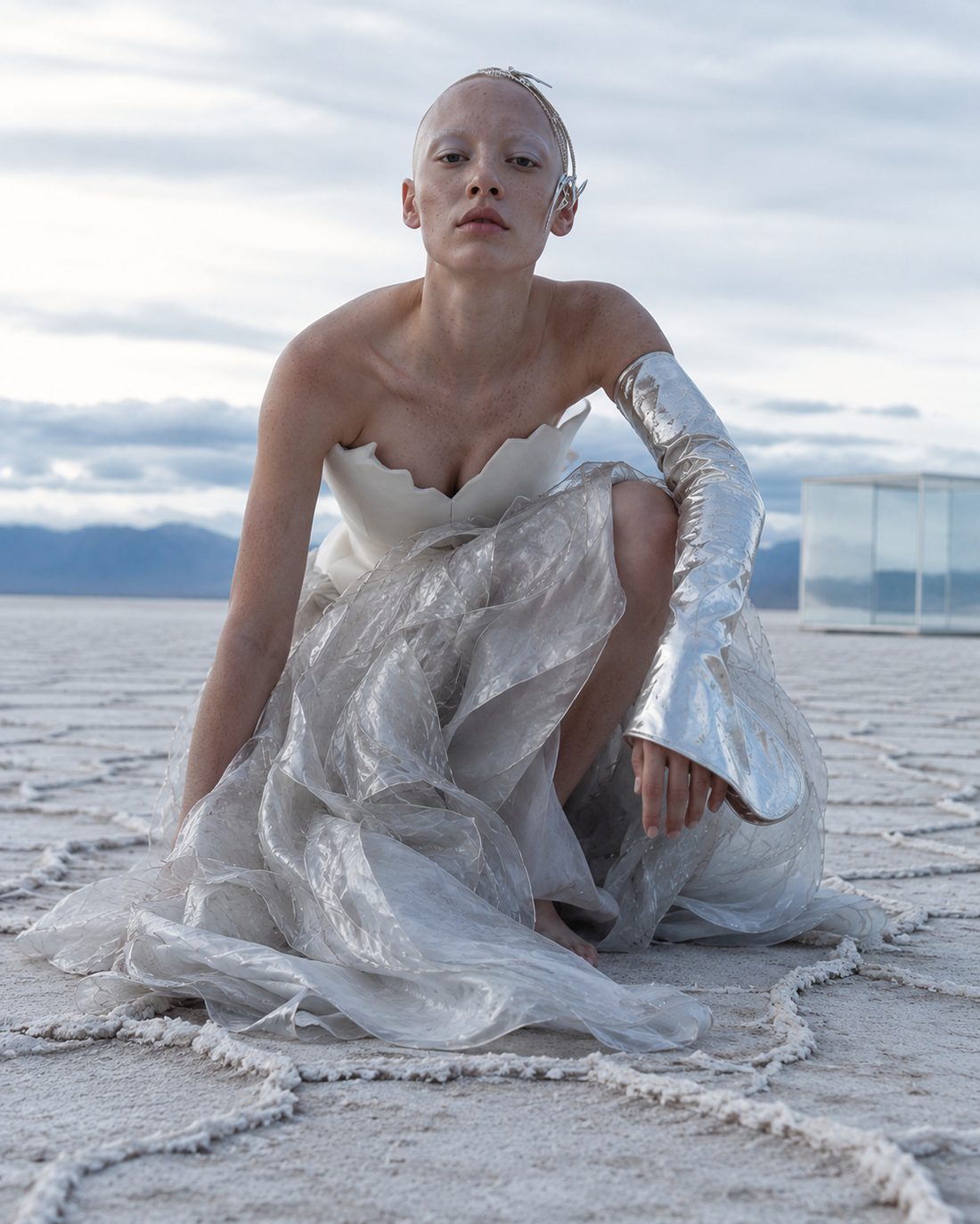Silver Horizon editorial, crouched portrait